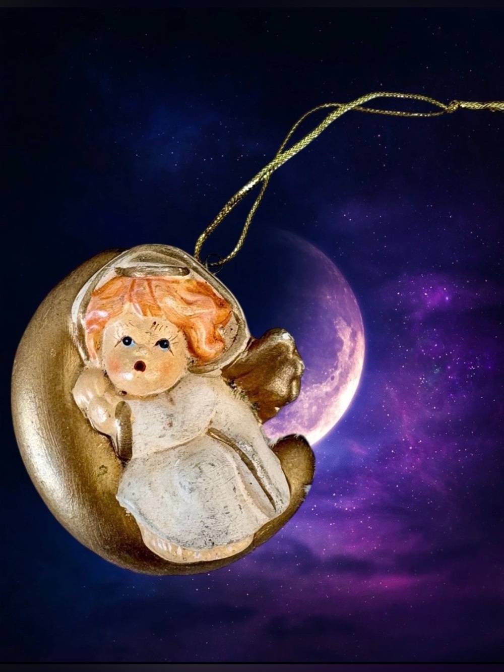 Vintage 70s Hand Painted Gold Gilt Ceramic Celestial Angel Christmas Ornament 3”